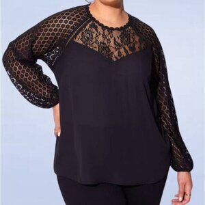 Torrid Georgette Lace Mix Sleeve Top in Black - Size‎ 3X